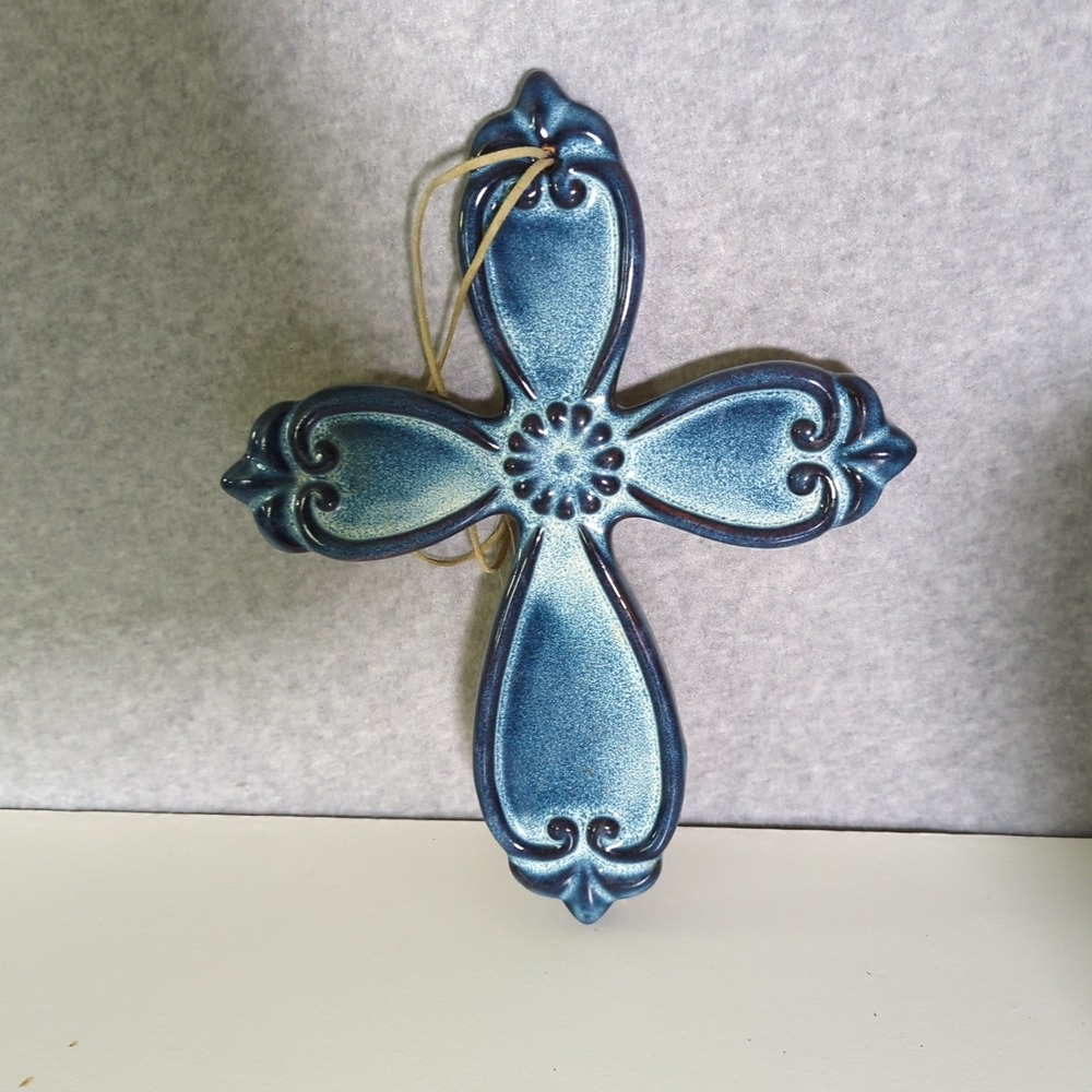 Ceramic Cross Wall Hanging Blue Religious Home Decor Spiritual Art 9.25 X 11.75"